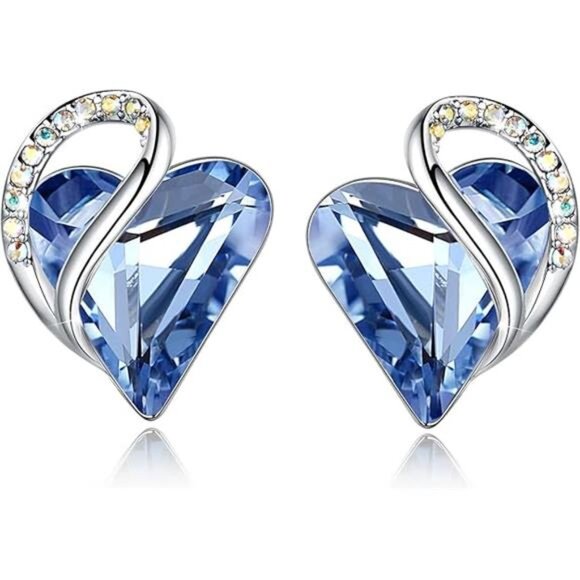 Silver Heart Birthstone Stud Earrings Crystal Jewelry Gift for Women Mom - Picture 7 of 7